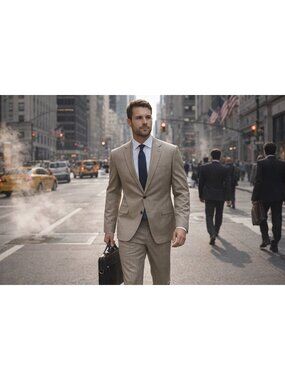 Michael Kors Mens 2-Piece Light Beige Plaid Wool Suit Size 44R Jacket & Pants